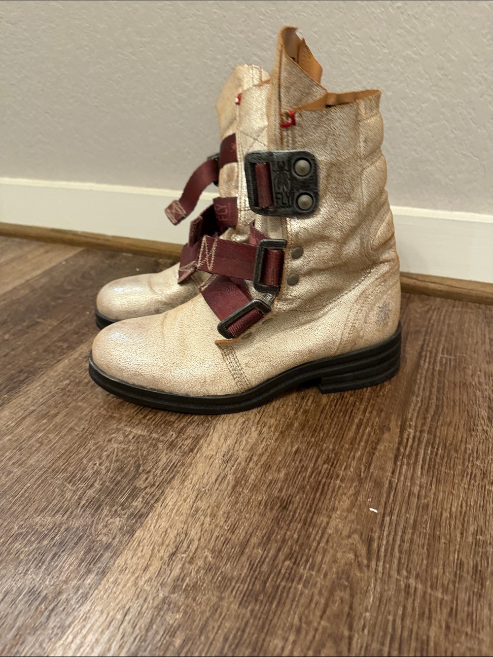 Fly London Metallic Gold Leather Ankle Boots with Burgundy Straps